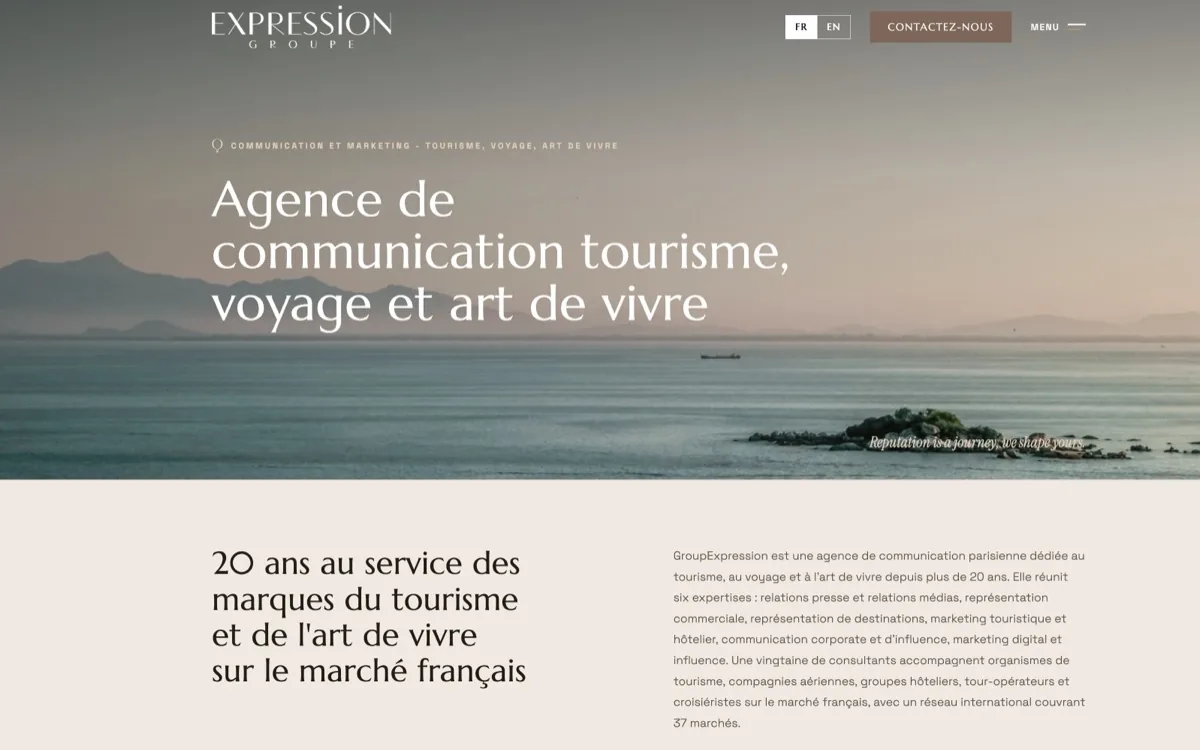 Page d'accueil du site internet de l'agence de relations presse GroupExpression
