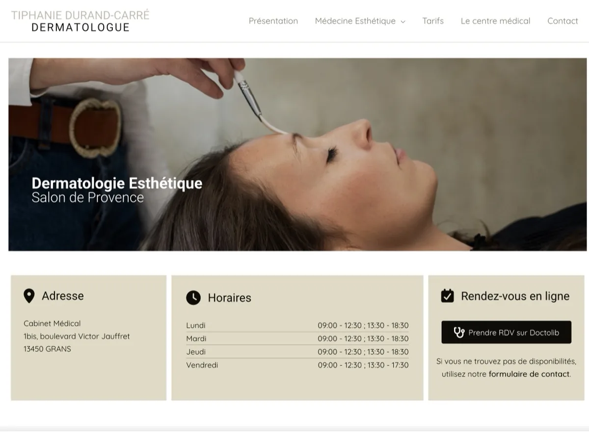 Page d'accueil du site internet du cabinet de dermatologie de Tiphanie Carré